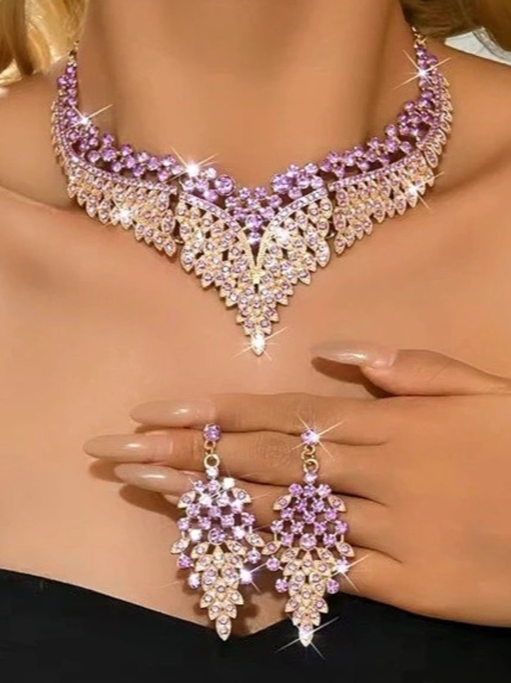 New Glamorous Gold Tone Purple Crystal Jewelry Set With Floral Choker Necklace